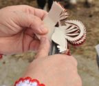 Zbliżenie na ręce artystki, która za pomocą nożyc do strzyżenia owiec wycina z papieru misterny kształt koguta.